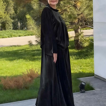 👗 Elegant Black Velvet Two-Piece Set – Flowing Top & Skirt for Effortless Sophistication
