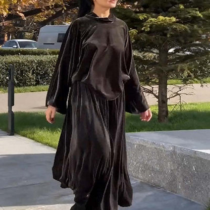👗 Elegant Black Velvet Two-Piece Set – Flowing Top & Skirt for Effortless Sophistication