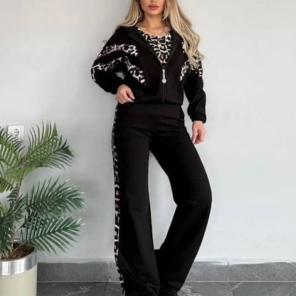 Women’s Chic Leopard Print Stripe Tracksuit 3-Piece Set
