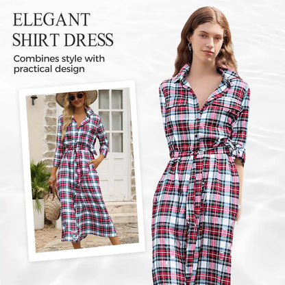 🧵 Women’s Plaid Belted Shirt Dress – Classic Button-Down Long Sleeve Dress