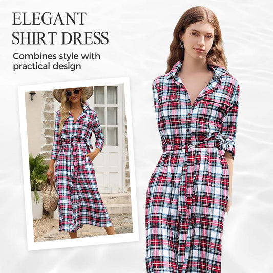 🧵 Women’s Plaid Belted Shirt Dress – Classic Button-Down Long Sleeve Dress