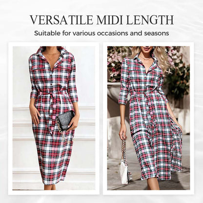 🧵 Women’s Plaid Belted Shirt Dress – Classic Button-Down Long Sleeve Dress