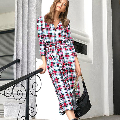 🧵 Women’s Plaid Belted Shirt Dress – Classic Button-Down Long Sleeve Dress