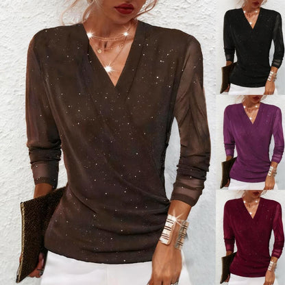 ✨ 50% OFF! 💫 SPARKLE CROSSOVER TOP - V-Neck with Glitter Accents, Flowy Long Sleeves for Parties and Evening Events, Comfortable Stretch Fabric 🌟👚