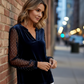 Women's Velvet V-Neck Tops with Mesh Sleeves