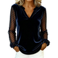 Women's Velvet V-Neck Tops with Mesh Sleeves