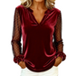 Women's Velvet V-Neck Tops with Mesh Sleeves