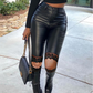 Sexy Lace Patchwork PU Leather Skinny Pants