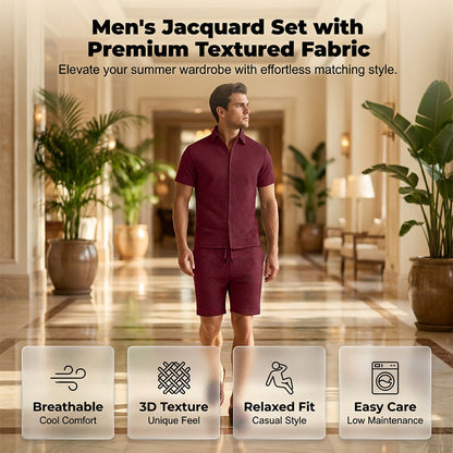 🔥Men's Jacquard Short Sleeve Shirt & Shorts 2-Piece Set ✨ Step Into Summer In Style 🌴