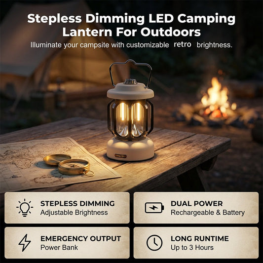Stepless Dimming LED Camping Lantern 🔥 Light Up Your Adventure! 🌟