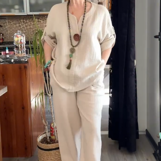 ✨👗Effortless Chic: Women's Comfortable Roll-Tab Sleeve Loungewear Set✈️Free Shipping