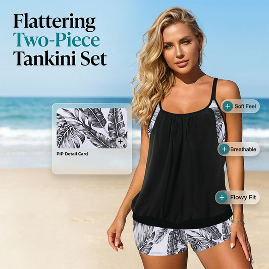 🌴Women's Two-Piece Blouson Tankini with Shorts – Swim, Surf & Lounge In Style👙