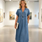 👗 Stay Stylish & Comfortable All Day - Women's V-Neck Zip-Up Denim Maxi Dress