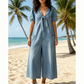 ☀️Effortless Summer Chic – Loose Fit V Neck Tie Front Wide Leg Romper for Women🌴