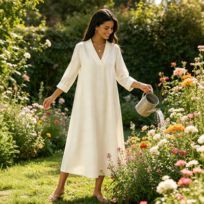Women’s V-Neck Cotton Linen A Line Dress