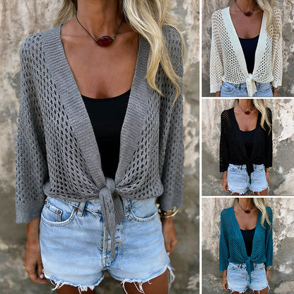 🎉2026 Hot Sale 50% OFF💞Breathable Mesh Knit Top – Tie-Front, Sun Protection & Effortless Style!✨