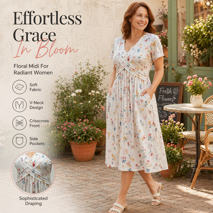 ⏳LAST DAY SALE 🌿Women's V-Neck Floral Print Dress With Twist Waist – Elegant, Flattering & Effortlessly Chic ✨
