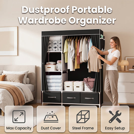 🏠Portable Wardrobe with 3 Drawers – Create A Clutter-Free Bedroom With Smart Storage Space