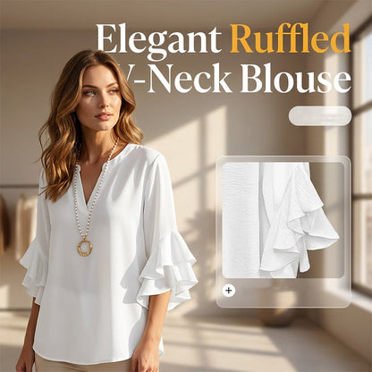 ✨Women's Ruffle Sleeve Notch V-Neck Top– Flowy Comfort With Feminine Style 🌸