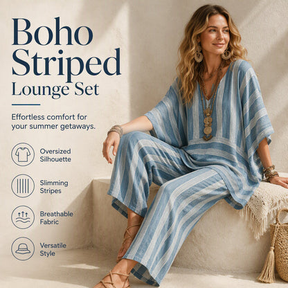 🌸Women's Loose V-Neck Striped 2-Piece Casual Set – Relaxed Oversized Fit & Effortless Style 🌿