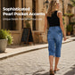 ✨Women's High Waisted Knee Length Jean Shorts – Pearl Button Detail & Elegant Vintage Style 👖