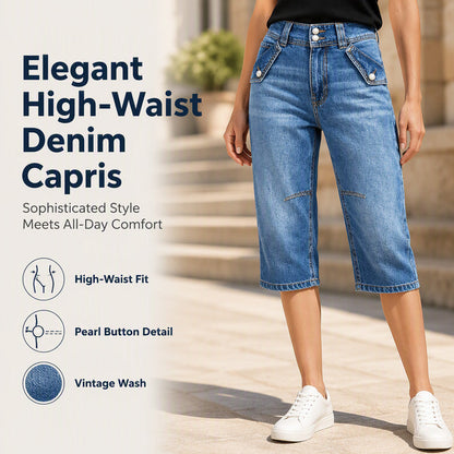✨Women's High Waisted Knee Length Jean Shorts – Pearl Button Detail & Elegant Vintage Style 👖