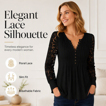 ✨Women's Casual Lace Long-Sleeved V-Neck Top– Feminine Detail & Flattering Slim Fit For Effortless Style 🤍