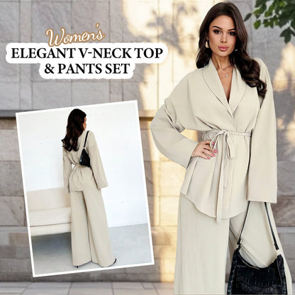 ✨50% OFF!Women’s Elegant V-Neck Top & Wide-Leg Pants 2-Piece Set