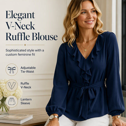 ✨Women’s Ruffled Belted Waist Elegant Blouse – Elegant Waist Tie & Vintage Lantern Sleeve Style 🤍