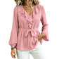 ✨Women’s Ruffled Belted Waist Elegant Blouse – Elegant Waist Tie & Vintage Lantern Sleeve Style 🤍