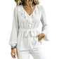✨Women’s Ruffled Belted Waist Elegant Blouse – Elegant Waist Tie & Vintage Lantern Sleeve Style 🤍