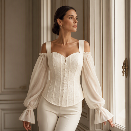 ✨ Women's Cold Shoulder Floral Jacquard Top – Elegant Corset Fit With Romantic Lantern Sleeves 🌸
