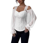 ✨ Women's Cold Shoulder Floral Jacquard Top – Elegant Corset Fit With Romantic Lantern Sleeves 🌸