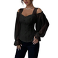 ✨ Women's Cold Shoulder Floral Jacquard Top – Elegant Corset Fit With Romantic Lantern Sleeves 🌸