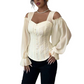 ✨ Women's Cold Shoulder Floral Jacquard Top – Elegant Corset Fit With Romantic Lantern Sleeves 🌸