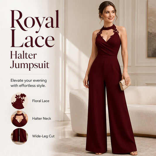 ✨Women Elegant Halter Lace Pleated Wide Leg Jumpsuit – Elegant Statement Outfit🤍