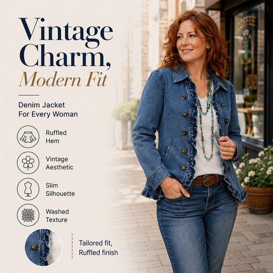 ✨ Women's Double-Breasted Ruffle Denim Jacket – Feminine Denim Layer For Effortless Everyday Style 🤍
