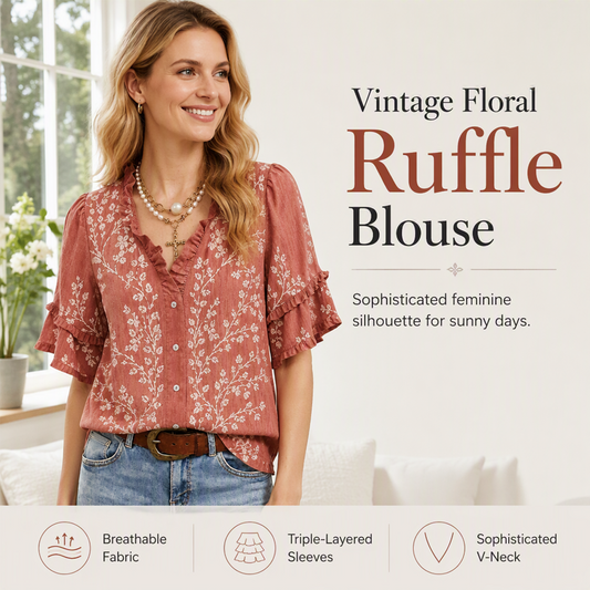 Women's Vintage Floral Top with Ruffled V-Neckline