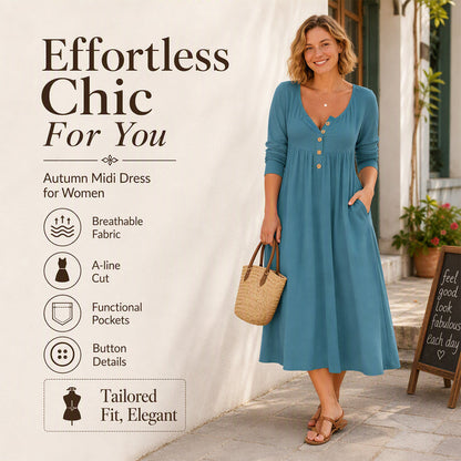 🌸Hot Sale 50% OFF💖Women's V-Neck Button Pleated Dress – Elegant Flowy Midi Dress For Effortless Everyday Style🤍