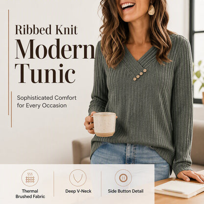 ✨ Women's Ribbed Knit V-Neck Top – Elegant Button Detail For A Chic Everyday Look🤍
