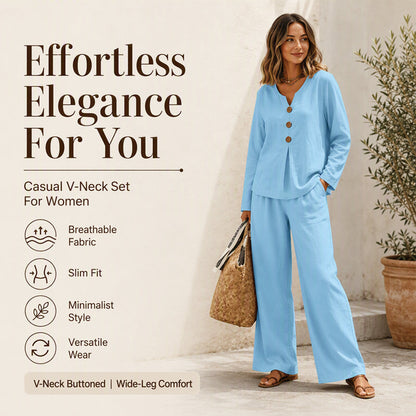 ⏰Last Day Sale 50% Off 💃 Women's V-Neck Long Sleeve Top & Wide-Leg Pants Set