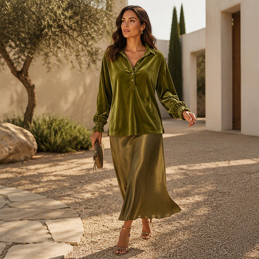 ⏰Last Day Sale 50% Off 💃 Women's Velvet Long Sleeve Button Down Collar Shirt