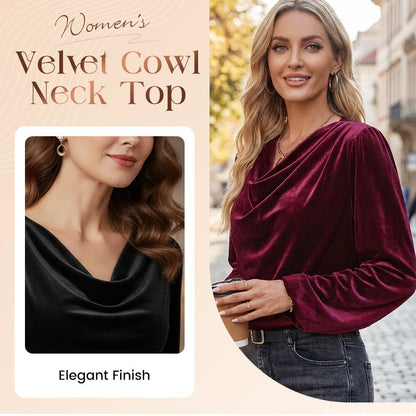 ✨ Women's Velvet Cowl Neck Long Sleeve Top – Soft Luxury Meets Effortless Elegance
