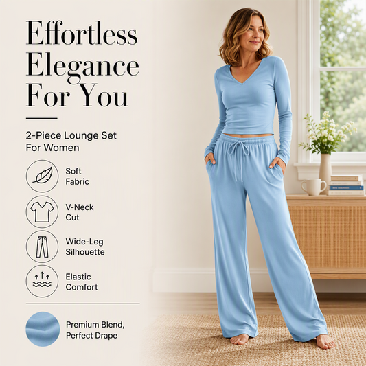 👚 Women's V-Neck Long-Sleeve Top & Wide-Leg Pants Set – Effortless Autumn Elegance