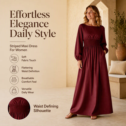 🍂 Women's Striped Elastic Waist Maxi Dress – Effortless Elegance & Everyday Comfort