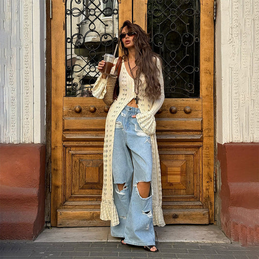 🍂 Women's Crochet Hollow Out Long Cardigan – Effortless Layers for Autumn Style