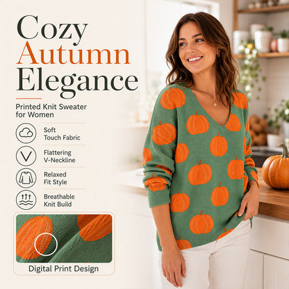 🍂 Women’s Printed V-Neck Knit Top – Cozy Comfort Meets Effortless Autumn Style