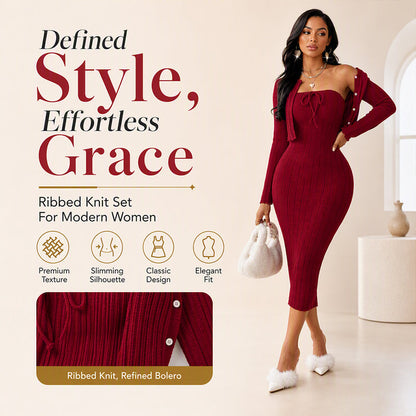 👗 Women's Ribbed Knit Bodycon Dress with Cropped Cardigan – Effortless Elegance for Autumn