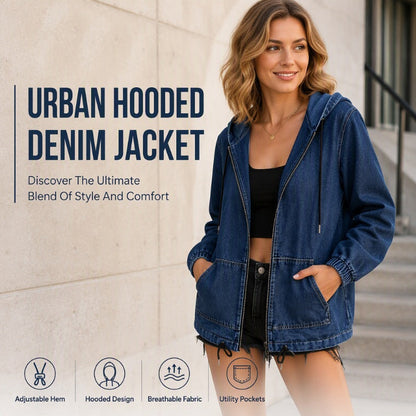 💙 Women's Casual Zip-Up Hooded Denim Jacket – Relaxed Fit & Adjustable Waist ✨