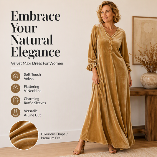 ✨ Women’s Velvet Maxi Dress with Ruffle Sleeves – Elegant Autumn Style & Luxe Comfort